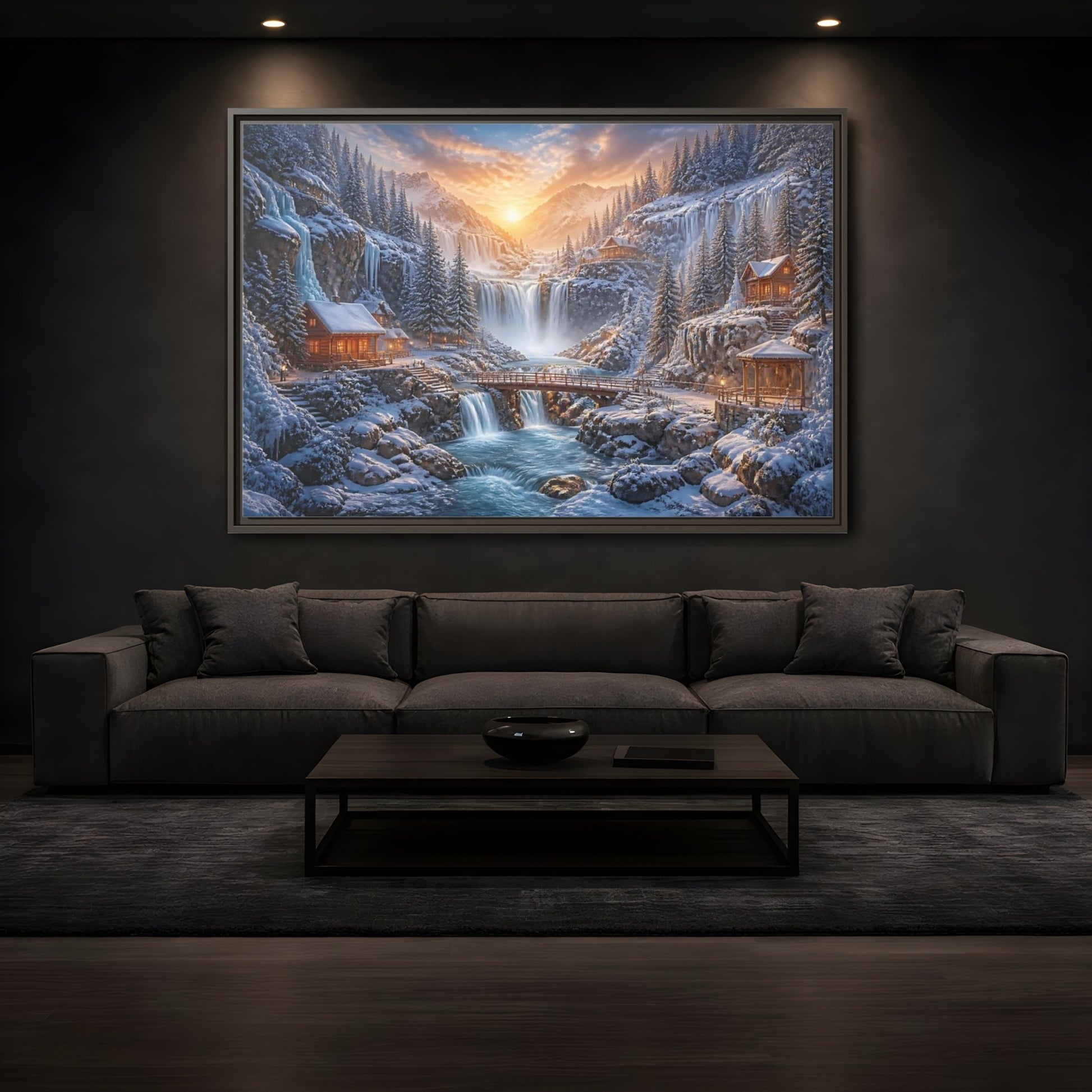 Mockup 3. Waterfall Landscape Sunrise Cabin shown as framed canvas print
