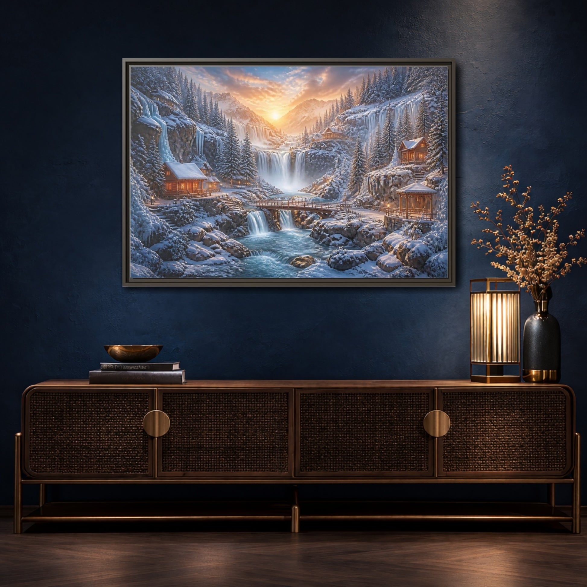 Mockup 4. Waterfall Landscape Sunrise Cabin shown as framed canvas print