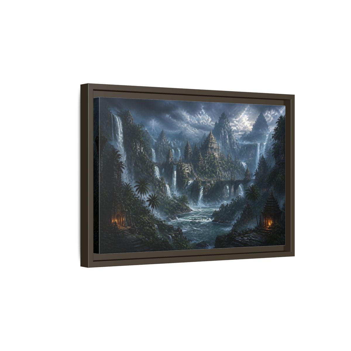 Side Mockup 5. Waterfall Temple Citadel shown as framed canvas print
