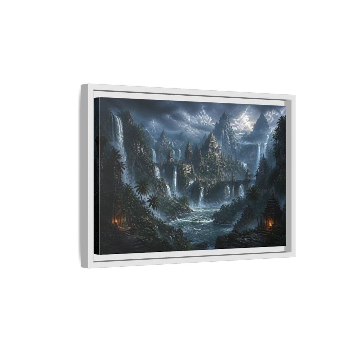 Side Mockup 4. Waterfall Temple Citadel shown as framed canvas print