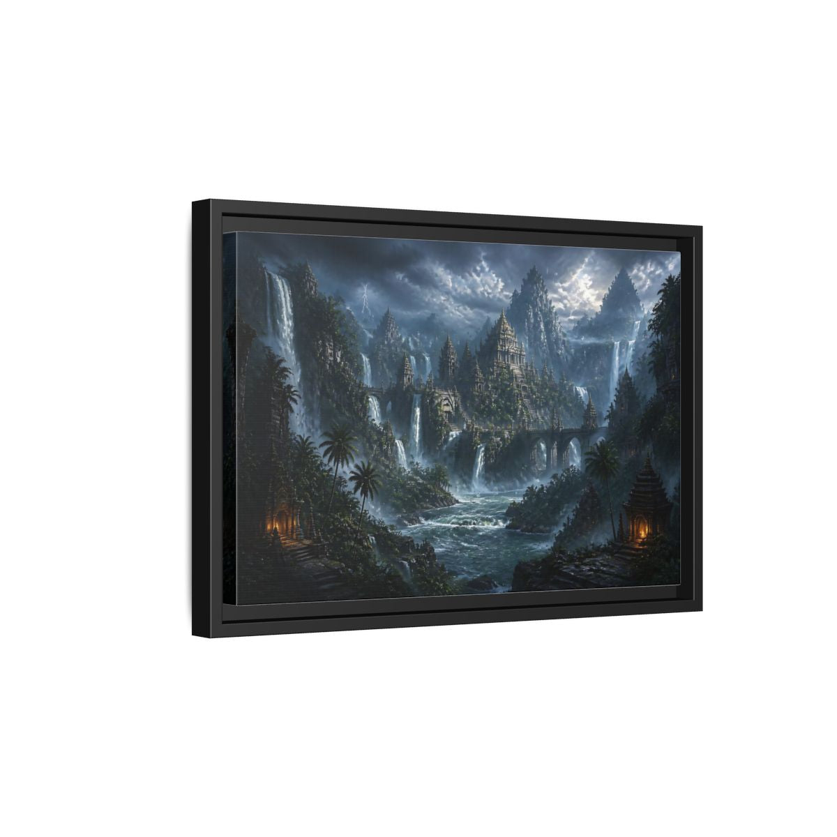 Side Mockup 6. Waterfall Temple Citadel shown as framed canvas print