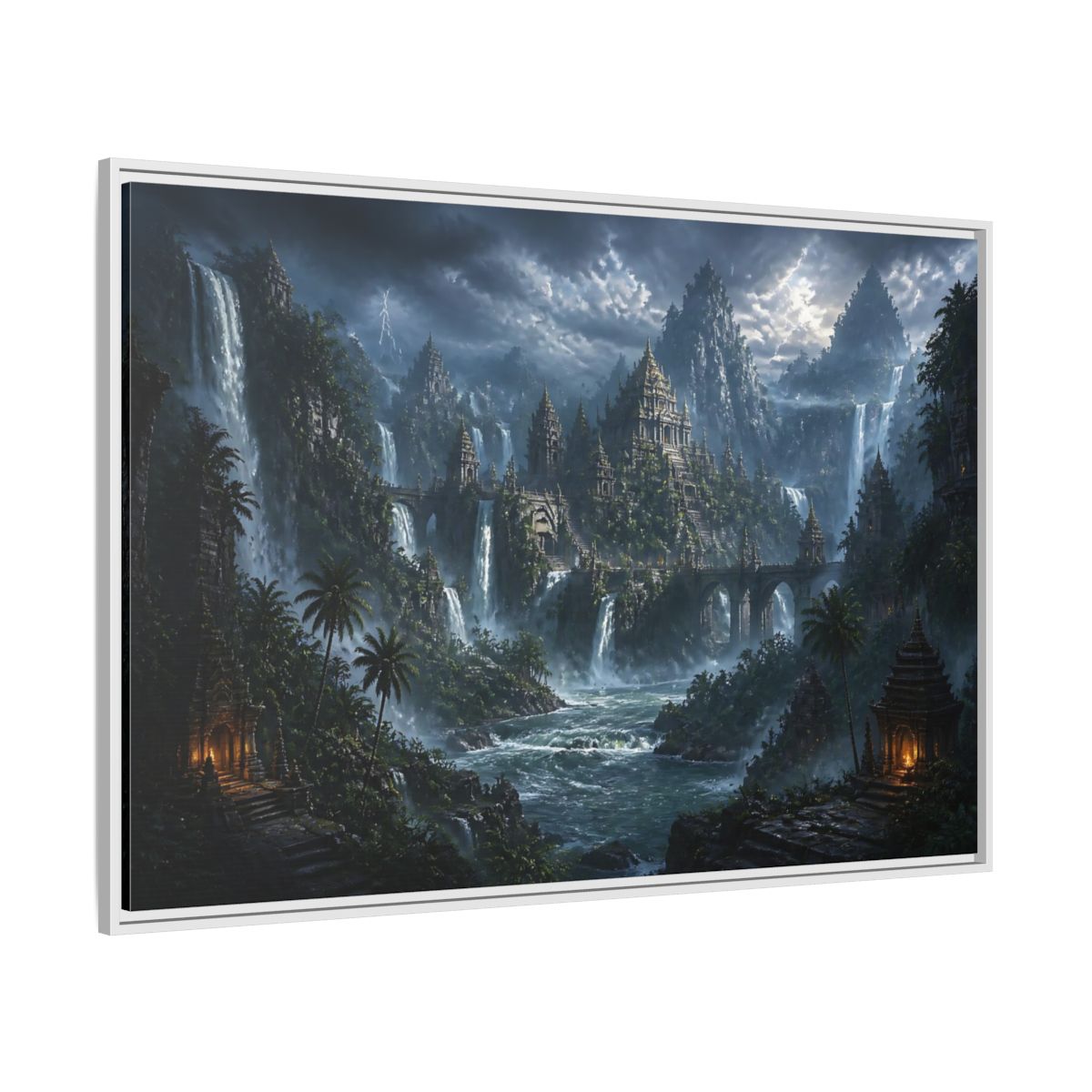 Side Mockup 7. Waterfall Temple Citadel shown as framed canvas print
