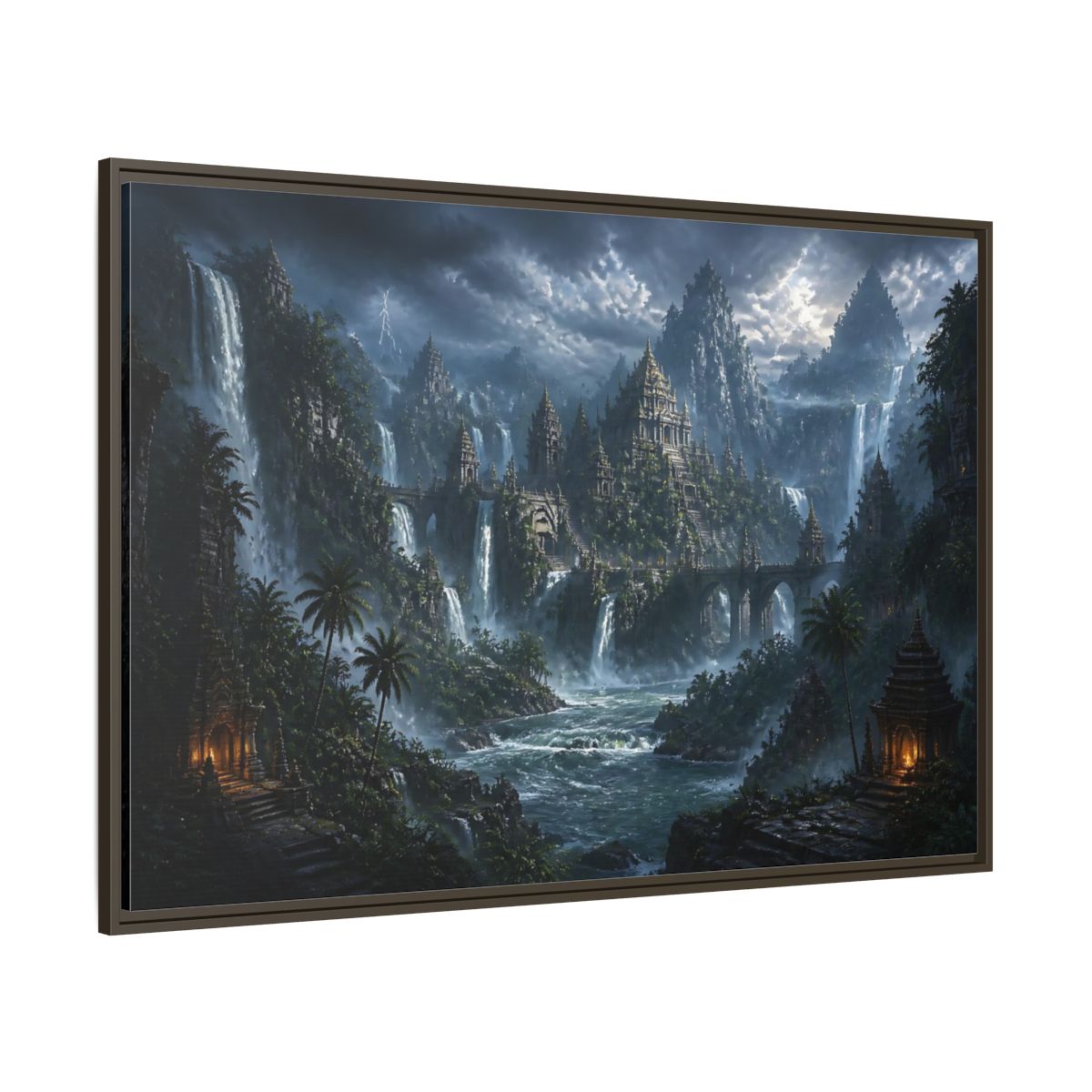 Side Mockup 8. Waterfall Temple Citadel shown as framed canvas print