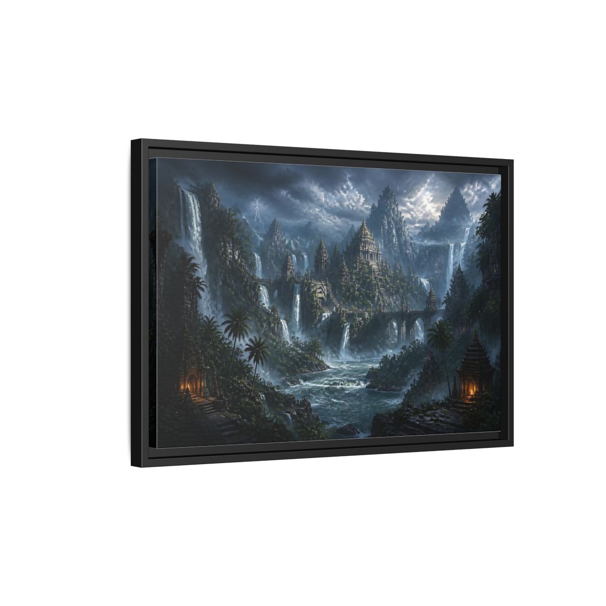 Side Mockup 3. Waterfall Temple Citadel shown as framed canvas print