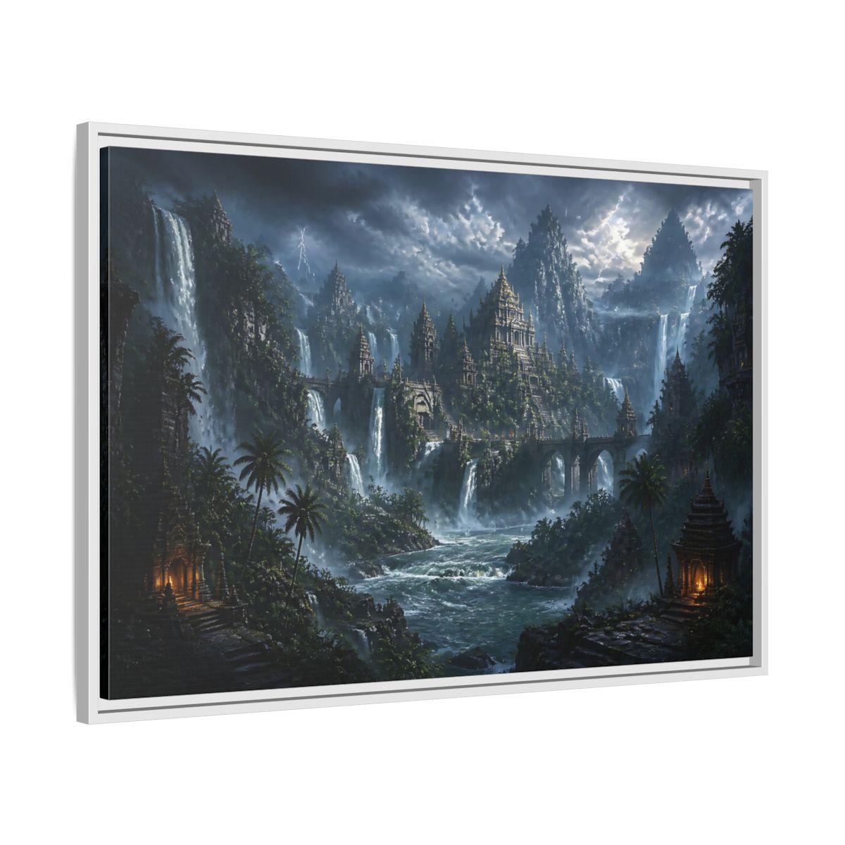 Side Mockup 9. Waterfall Temple Citadel shown as framed canvas print
