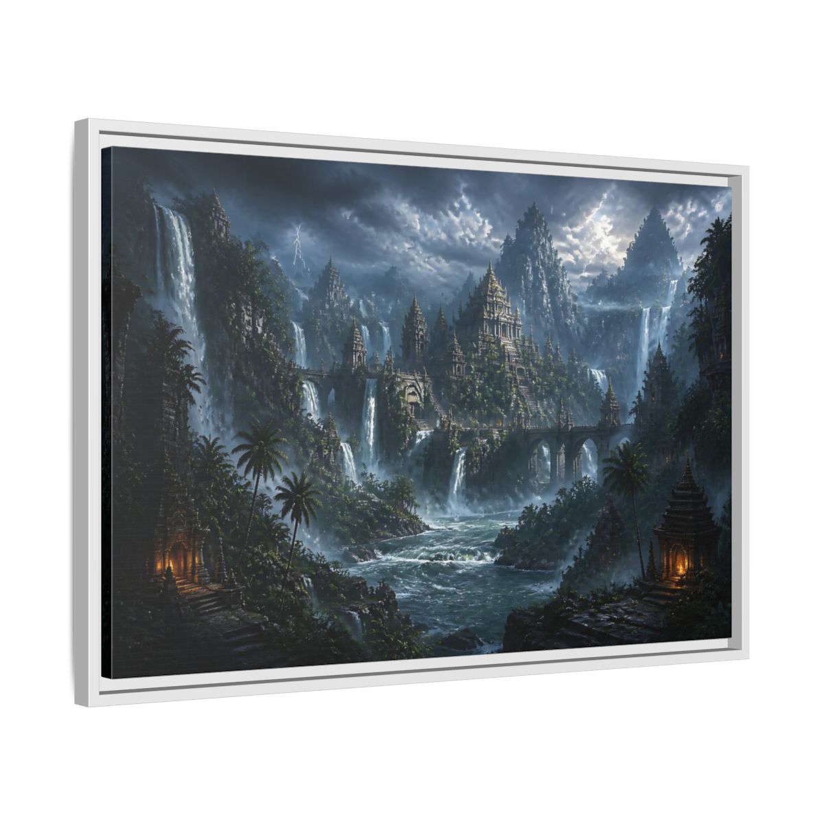 Side Mockup 10. Waterfall Temple Citadel shown as framed canvas print
