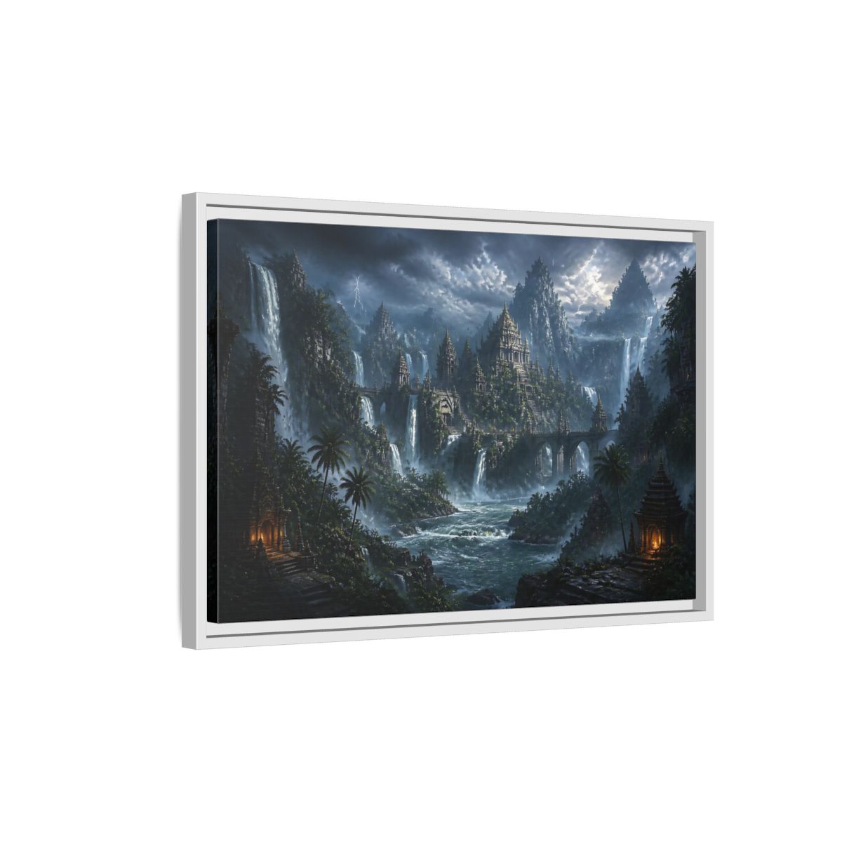 Side Mockup 1. Waterfall Temple Citadel shown as framed canvas print