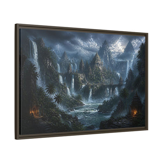 Main Mockup. Waterfall Temple Citadel shown as framed canvas print