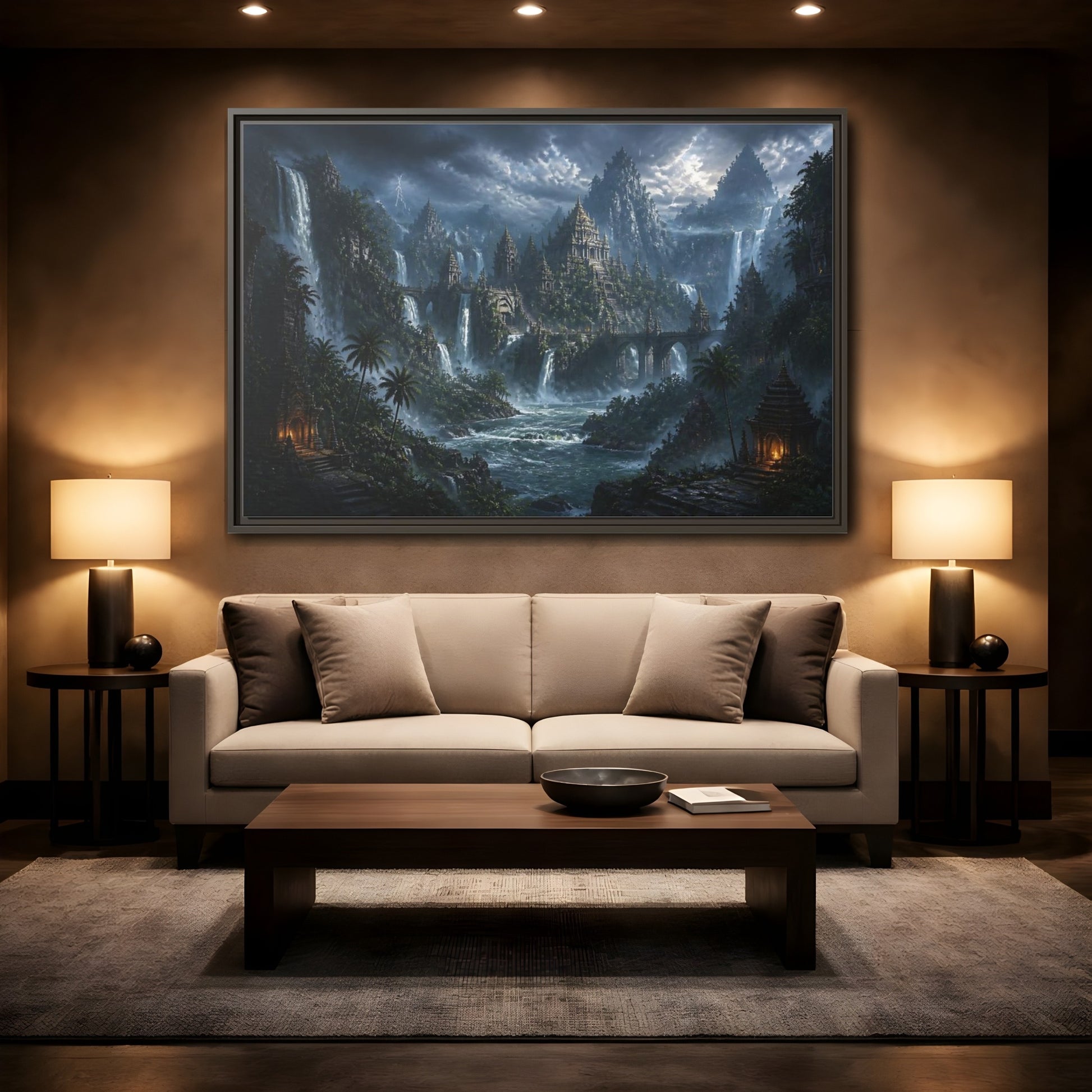 Mockup 2. Waterfall Temple Citadel shown as framed canvas print
