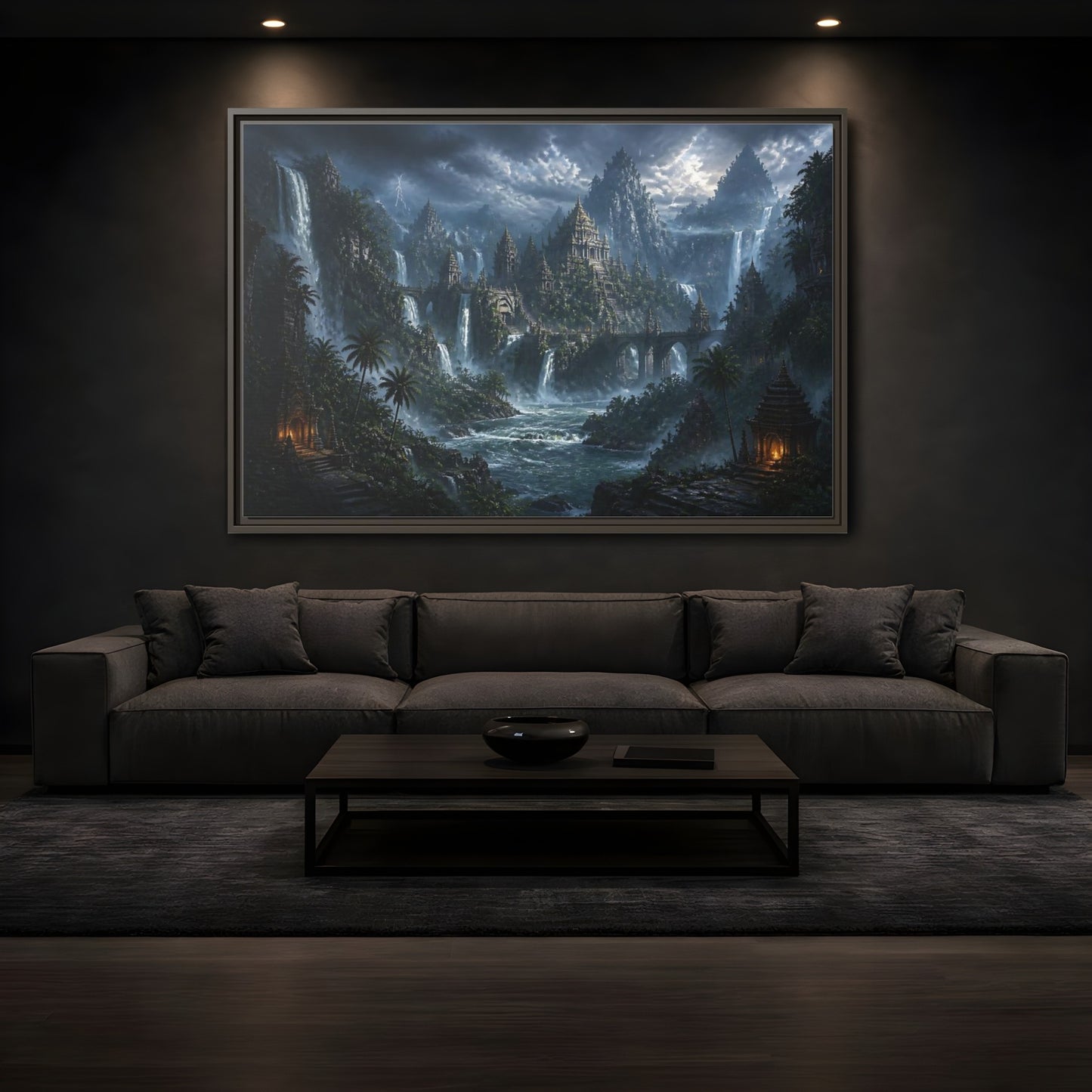 Mockup 3. Waterfall Temple Citadel shown as framed canvas print