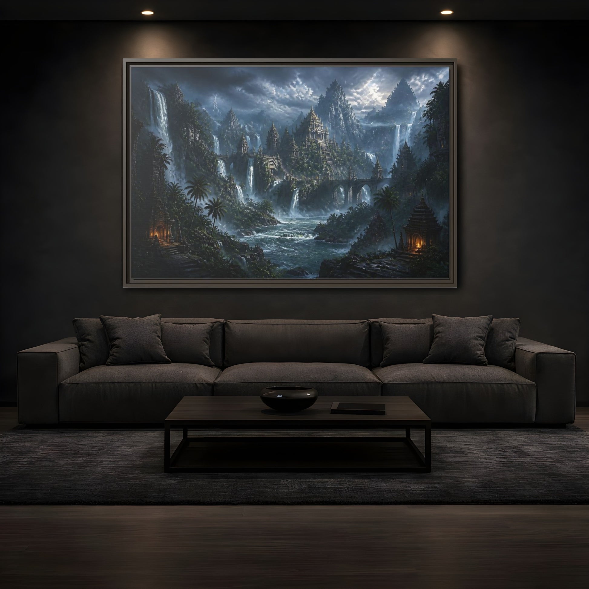 Mockup 3. Waterfall Temple Citadel shown as framed canvas print