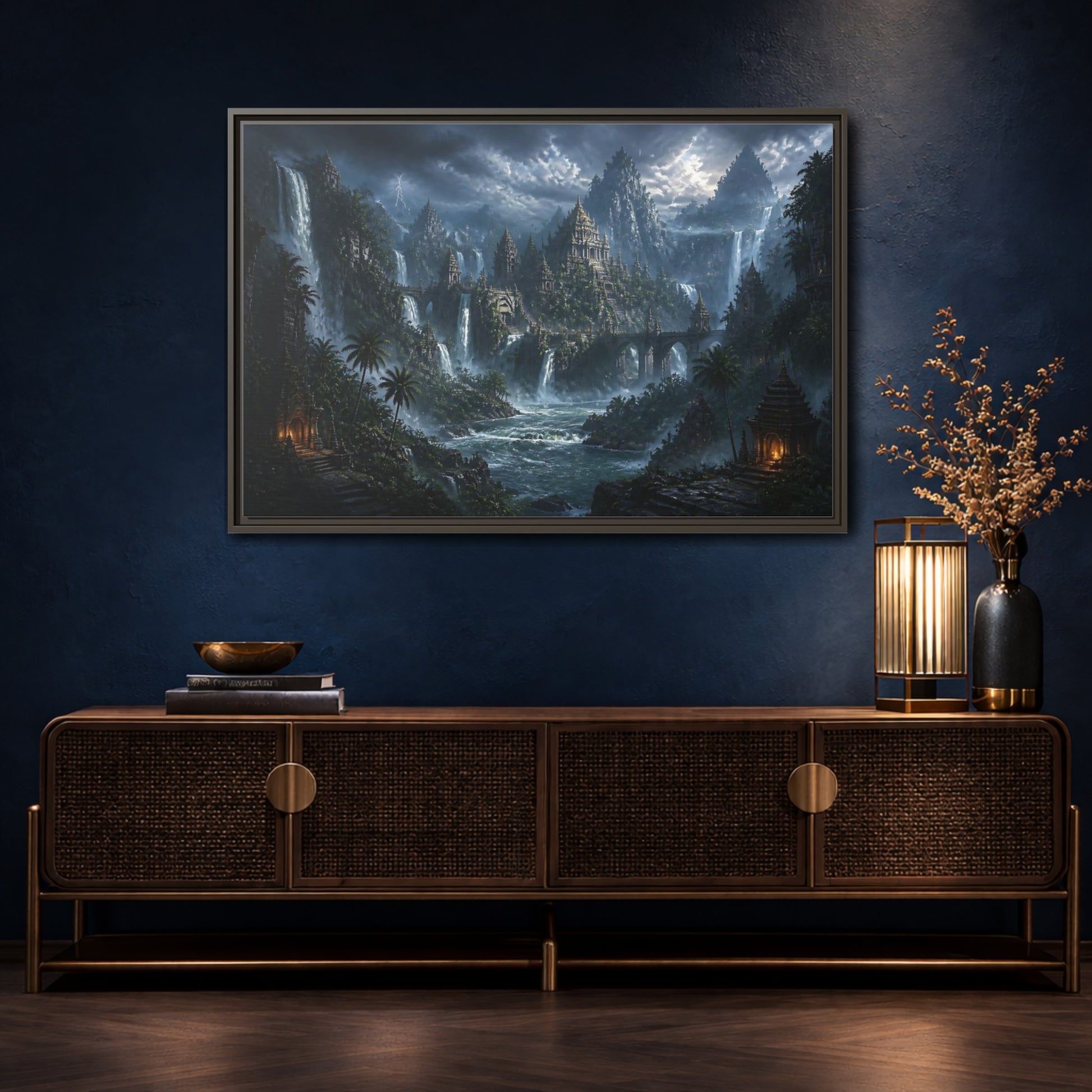 Mockup 4. Waterfall Temple Citadel shown as framed canvas print