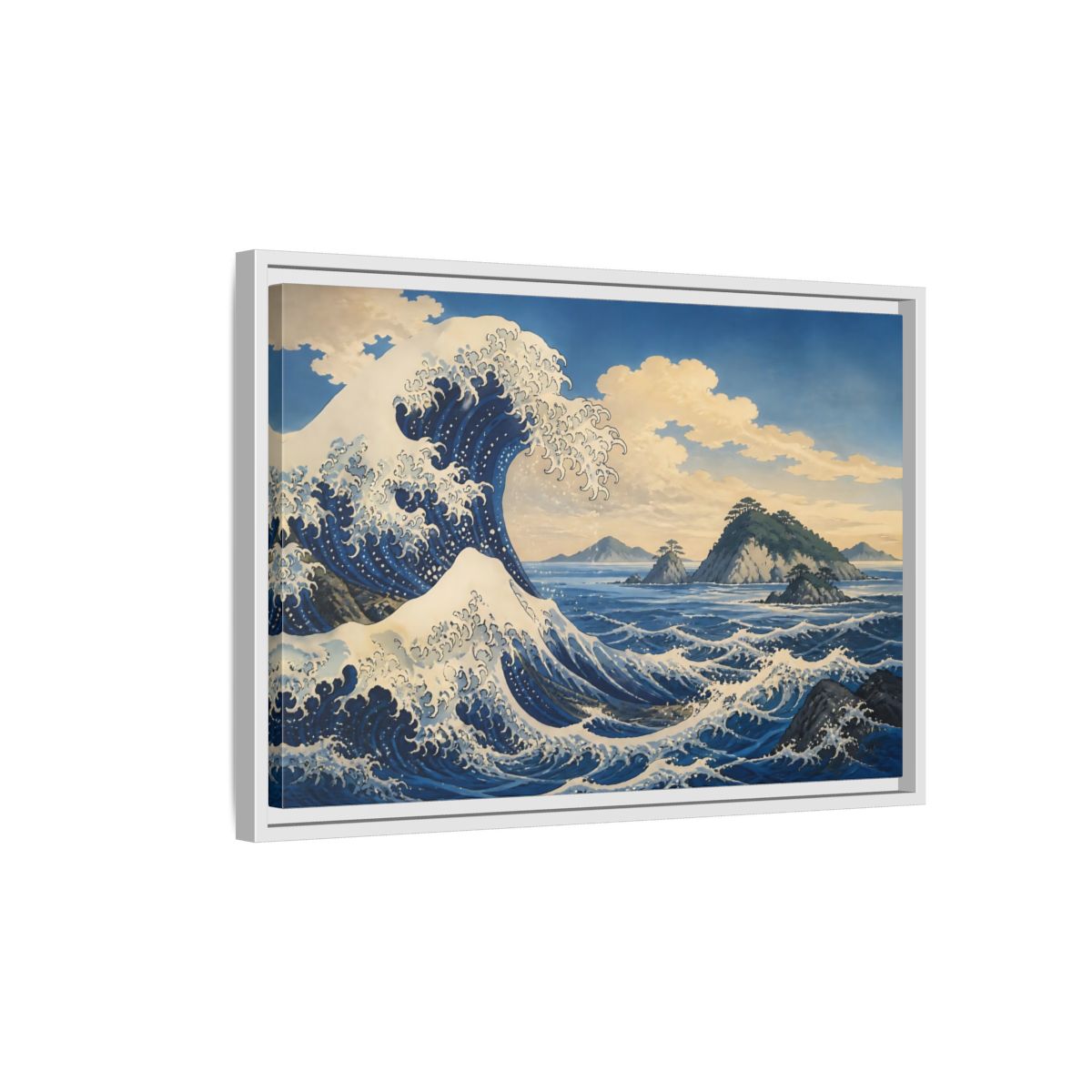 Side Mockup 1. Wave Crest With Islands shown as framed canvas print