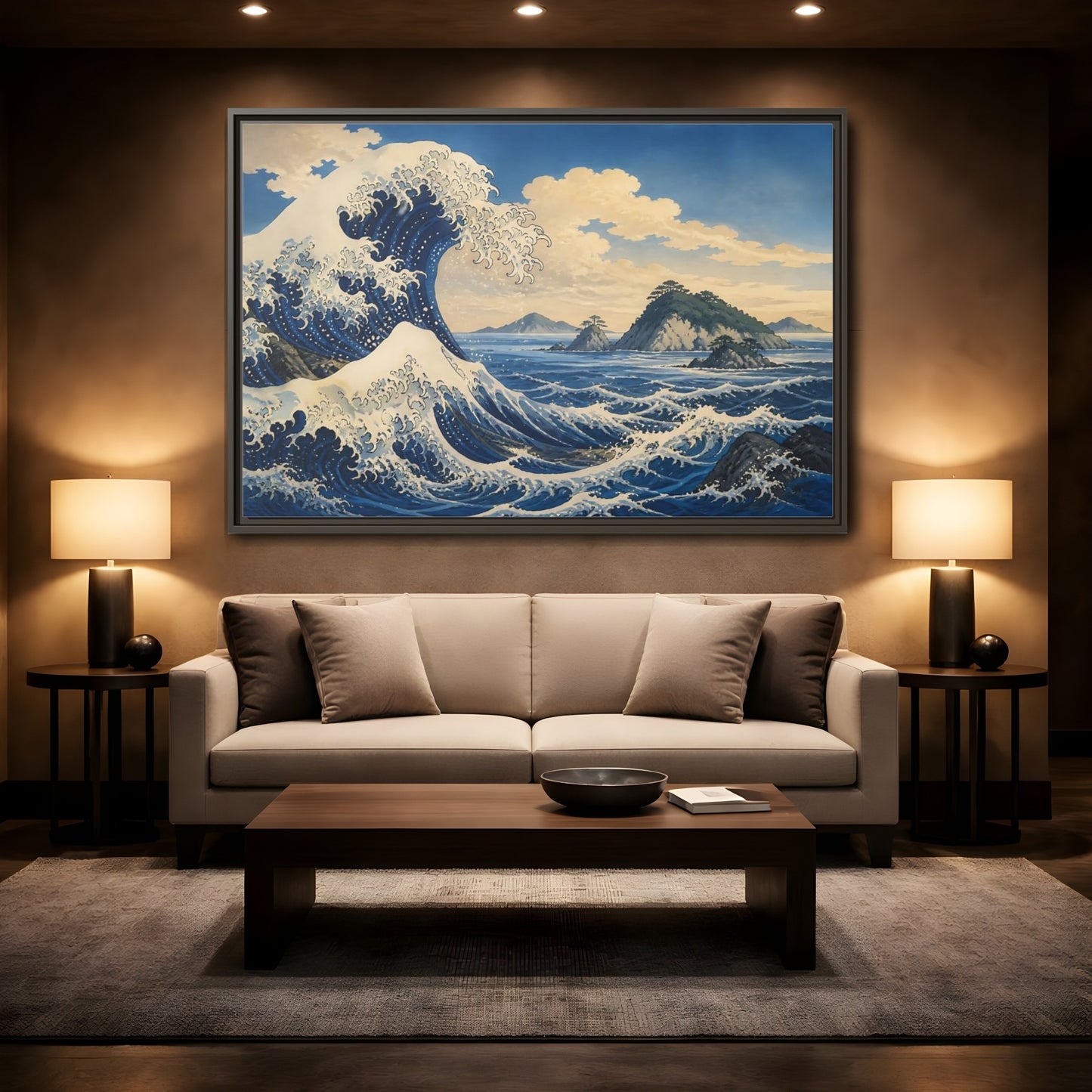 Mockup 2. Wave Crest With Islands shown as framed canvas print