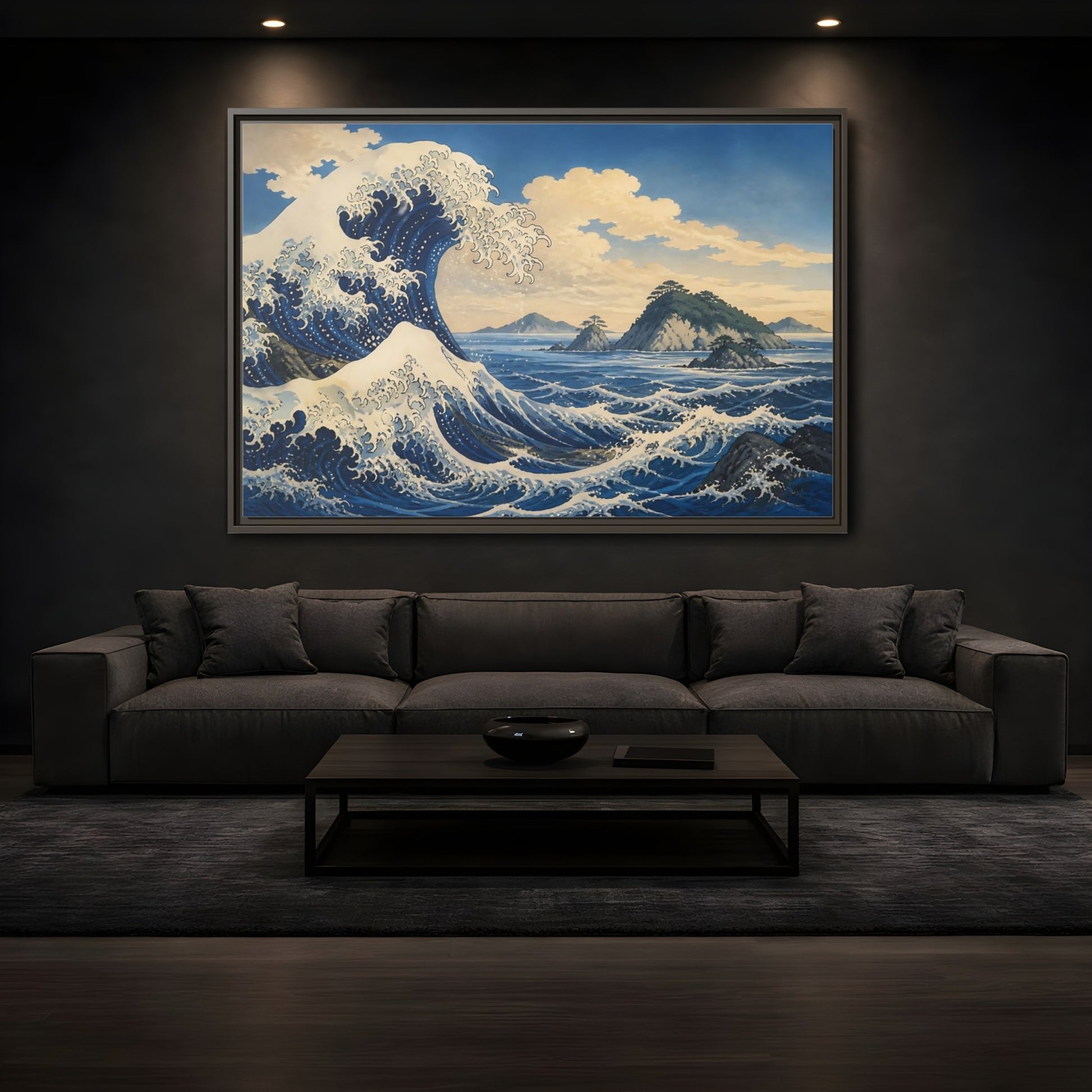 Mockup 3. Wave Crest With Islands shown as framed canvas print