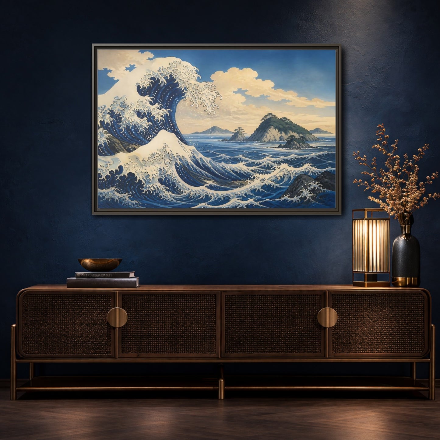 Mockup 4. Wave Crest With Islands shown as framed canvas print