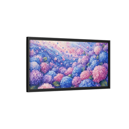 Side Mockup 2. Wave Of Hydrangeas shown as framed canvas print