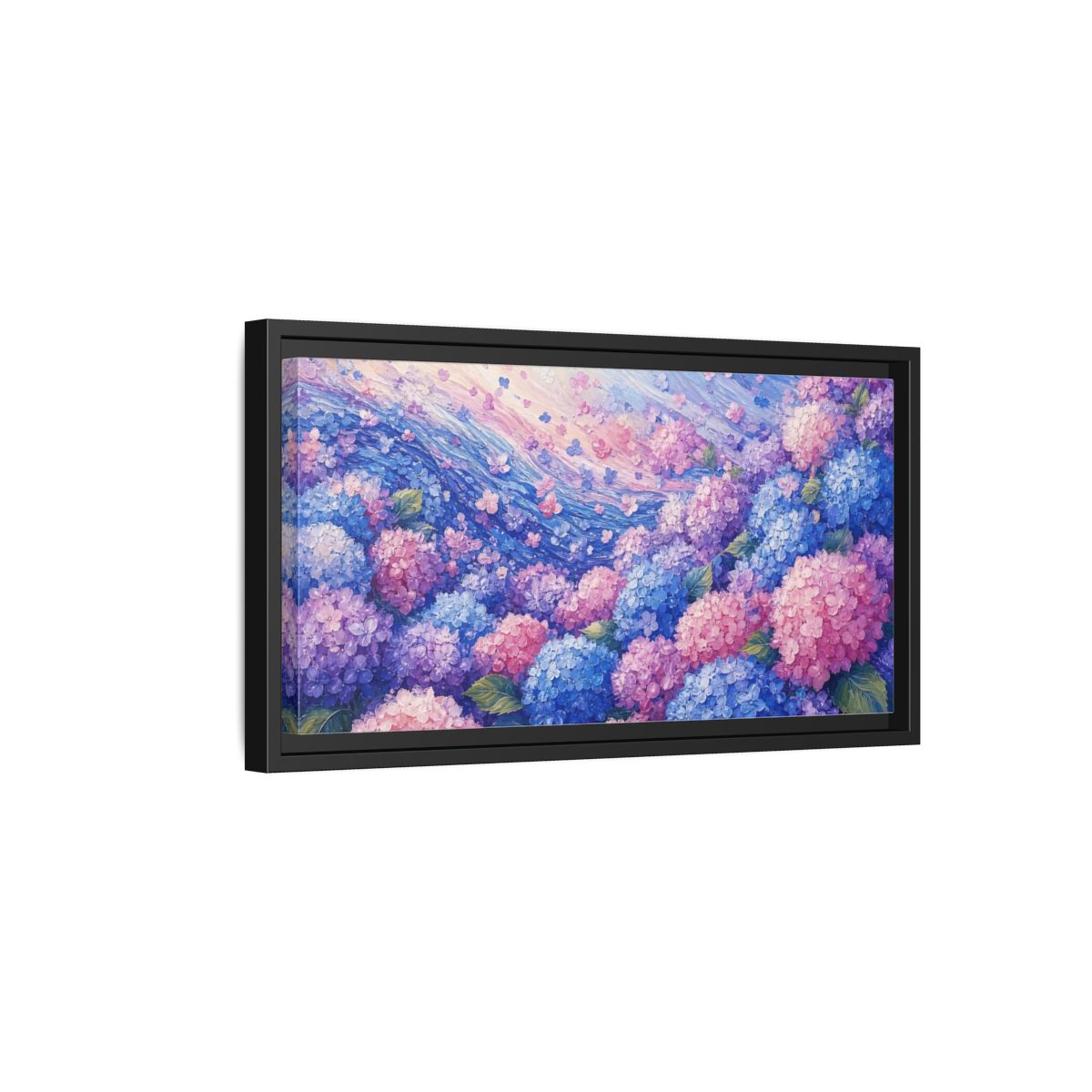Side Mockup 8. Wave Of Hydrangeas shown as framed canvas print