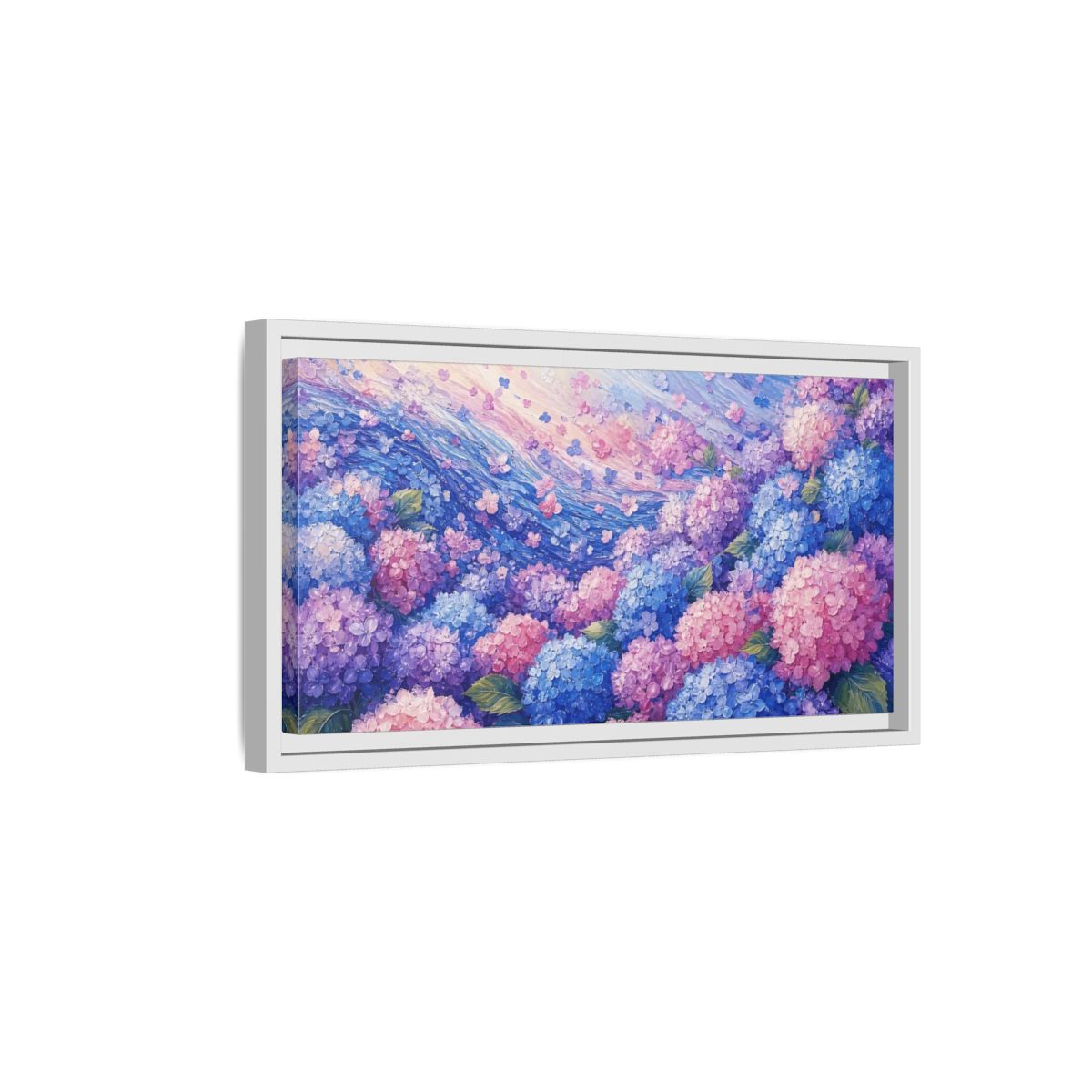 Side Mockup 6. Wave Of Hydrangeas shown as framed canvas print