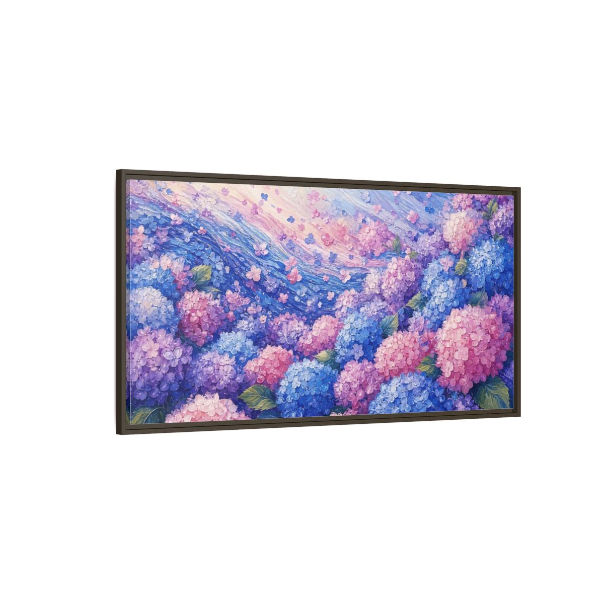 Side Mockup 4. Wave Of Hydrangeas shown as framed canvas print