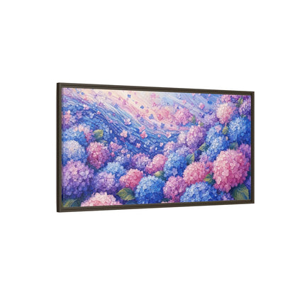 Side Mockup 4. Wave Of Hydrangeas shown as framed canvas print