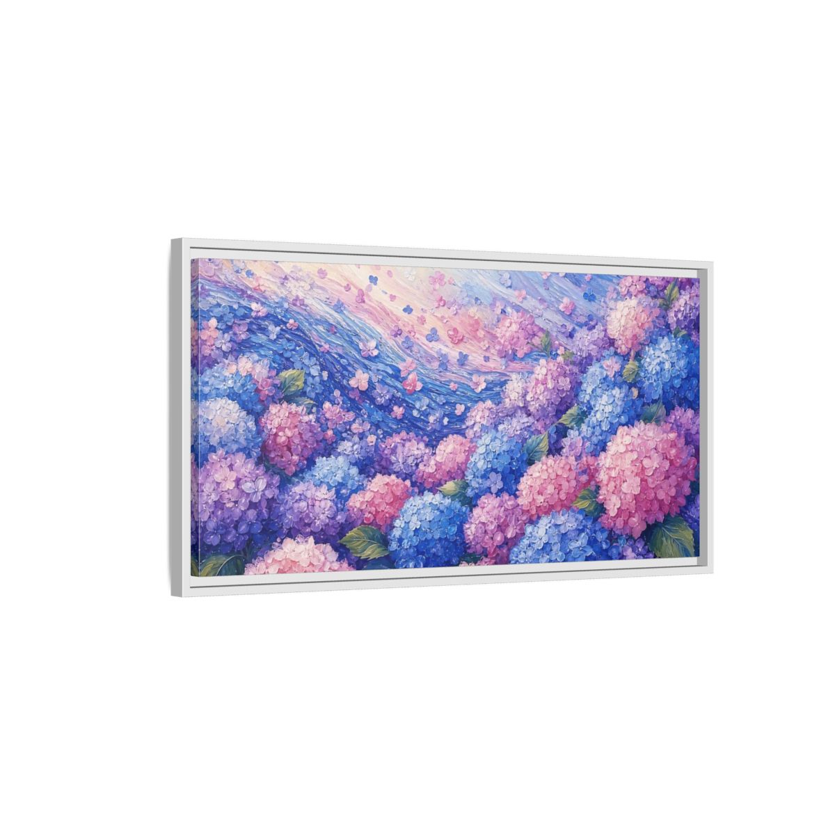 Side Mockup 1. Wave Of Hydrangeas shown as framed canvas print