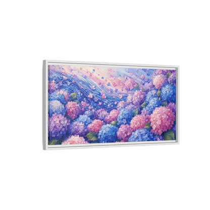 Side Mockup 1. Wave Of Hydrangeas shown as framed canvas print