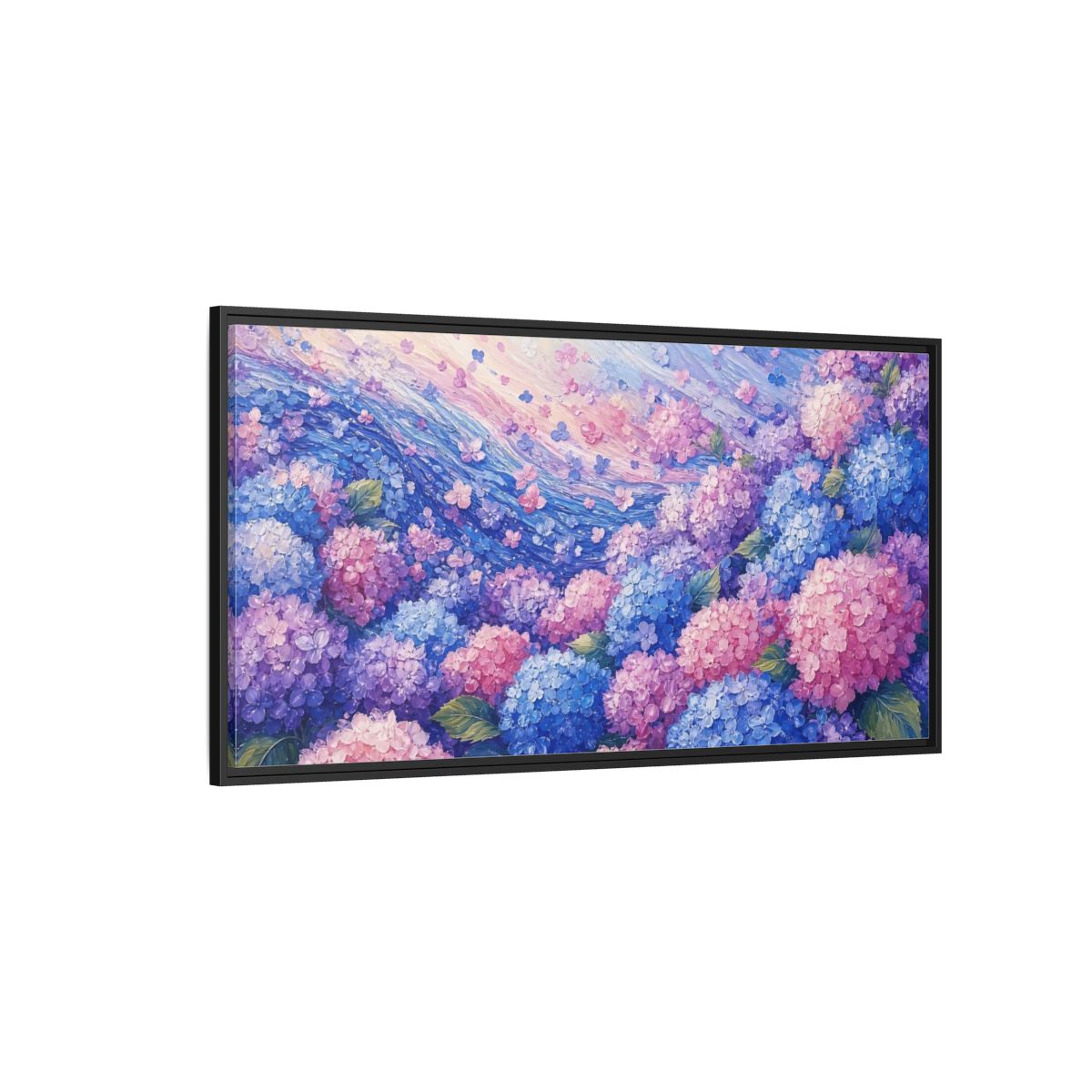 Side Mockup 5. Wave Of Hydrangeas shown as framed canvas print