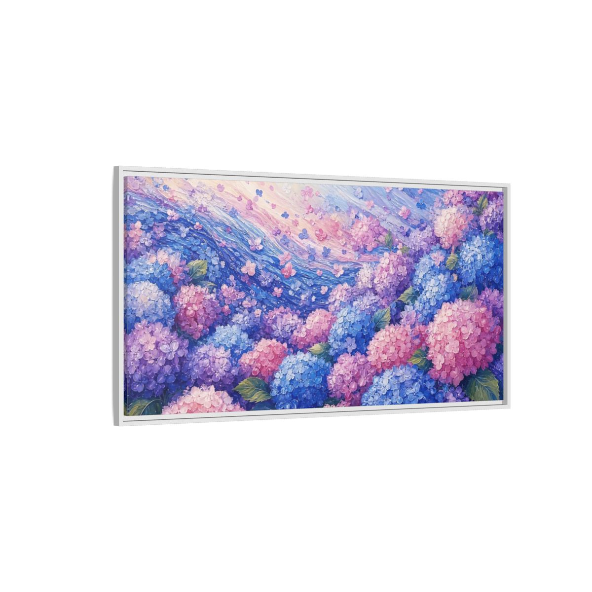Side Mockup 3. Wave Of Hydrangeas shown as framed canvas print