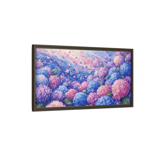 Main Mockup. Wave Of Hydrangeas shown as framed canvas print