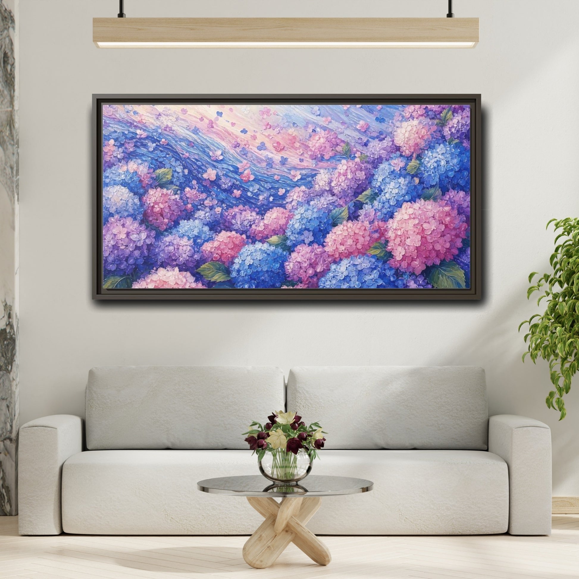 Mockup 2. Wave Of Hydrangeas shown as framed canvas print