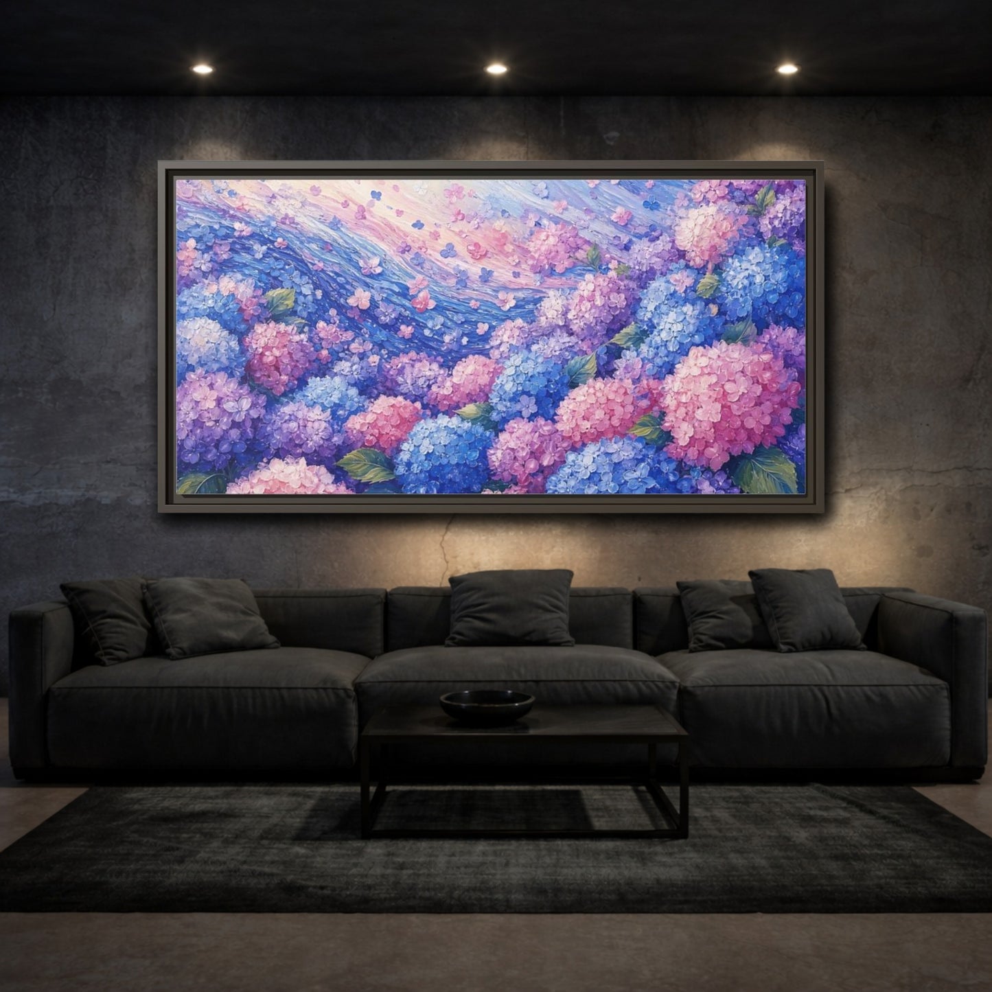 Mockup 3. Wave Of Hydrangeas shown as framed canvas print