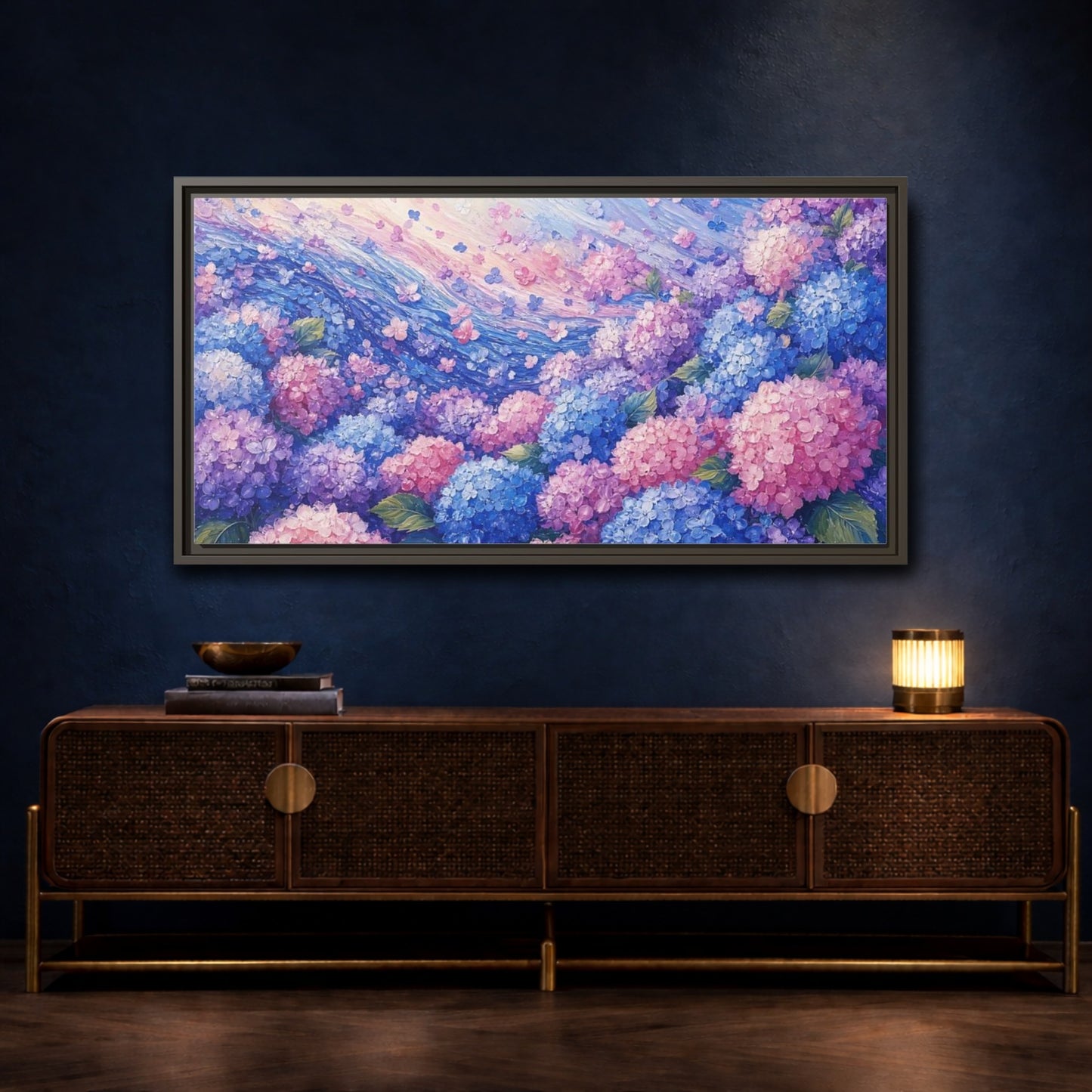 Mockup 4. Wave Of Hydrangeas shown as framed canvas print