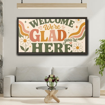 Mockup 2. We're Glad You're Here shown as framed canvas print