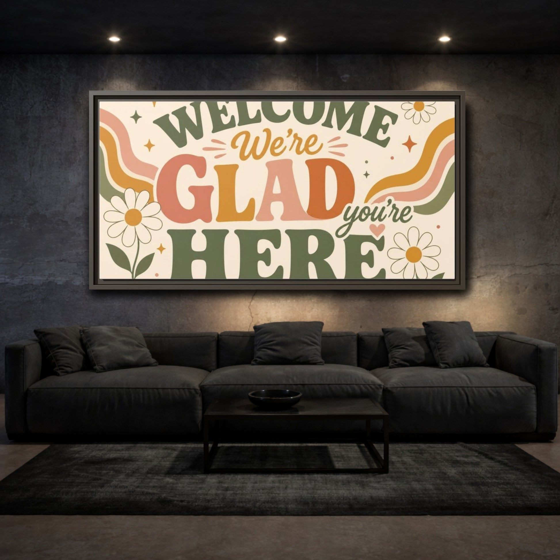 Mockup 3. We're Glad You're Here shown as framed canvas print