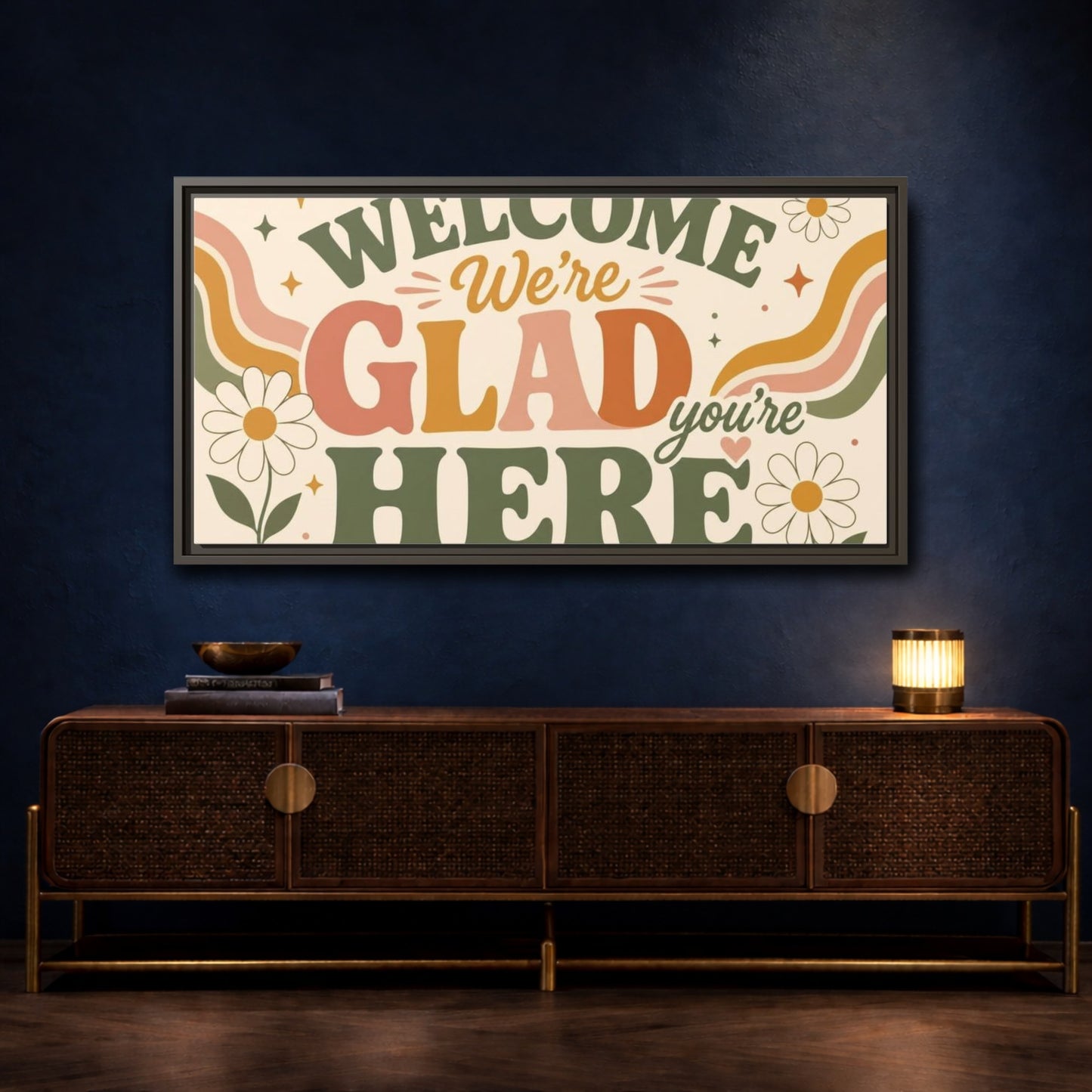 Mockup 4. We're Glad You're Here shown as framed canvas print
