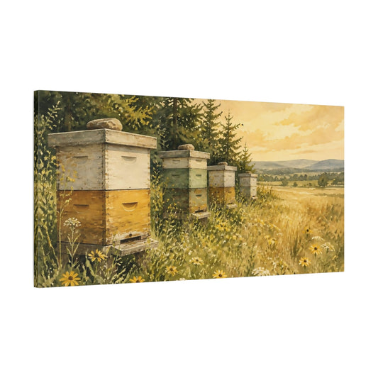 Main Mockup. Weathered Beehives At Sunset shown as canvas print