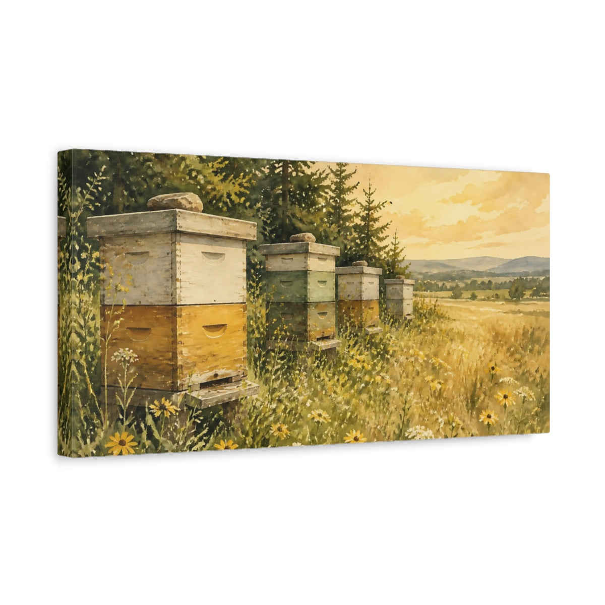 Side Mockup 3. Weathered Beehives At Sunset shown as canvas print