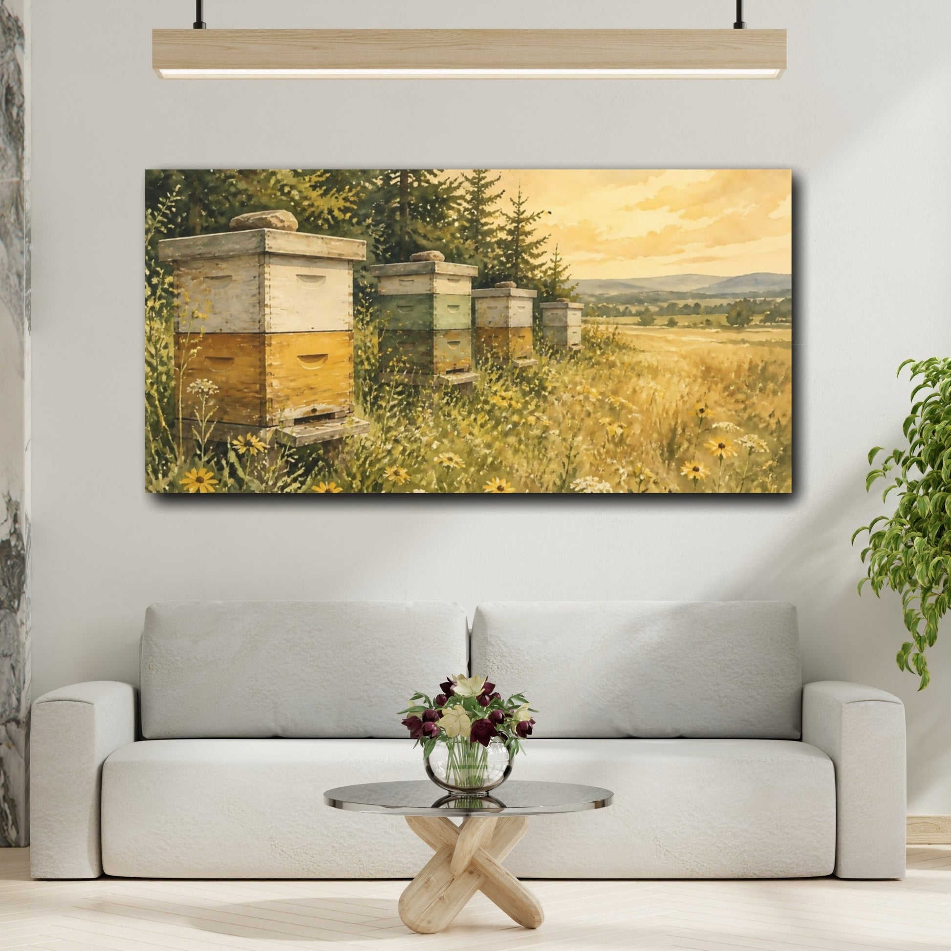 Mockup 2. Weathered Beehives At Sunset shown as canvas print