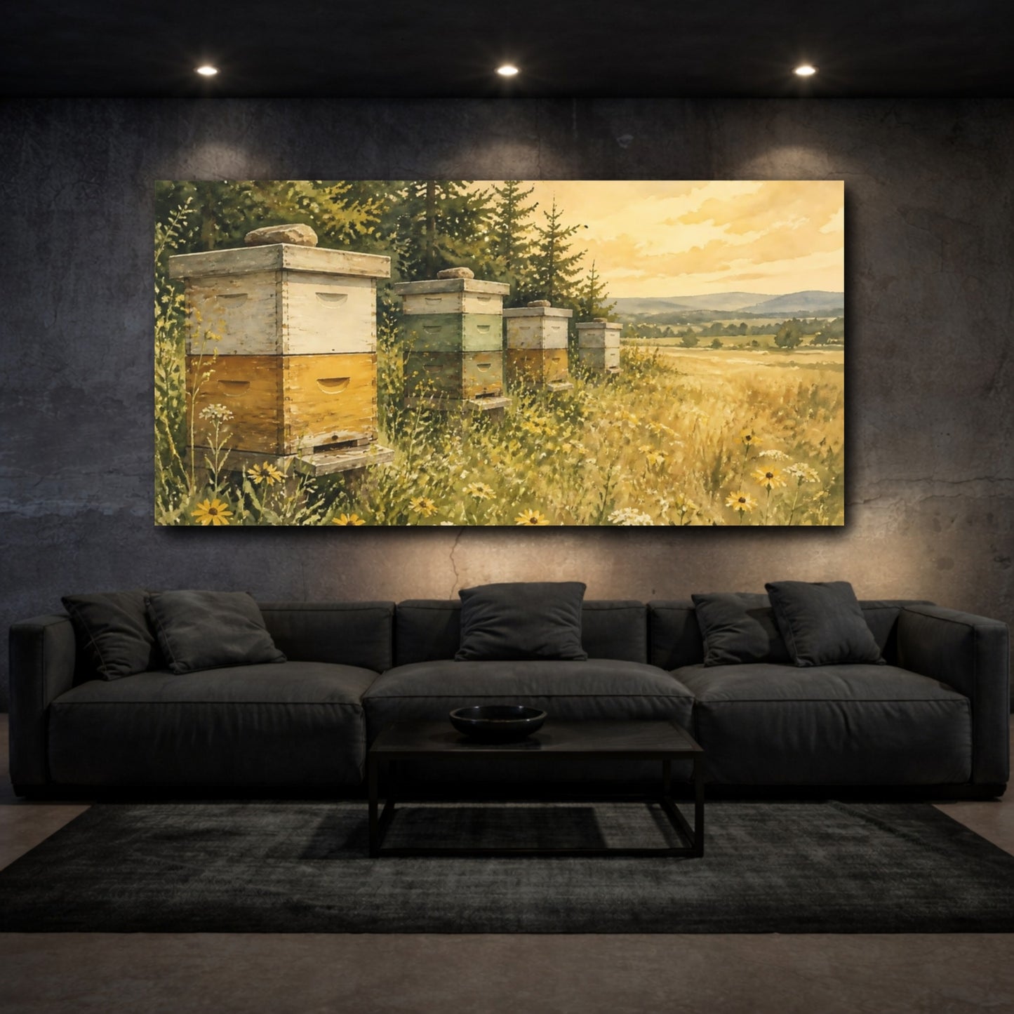 Mockup 3. Weathered Beehives At Sunset shown as canvas print
