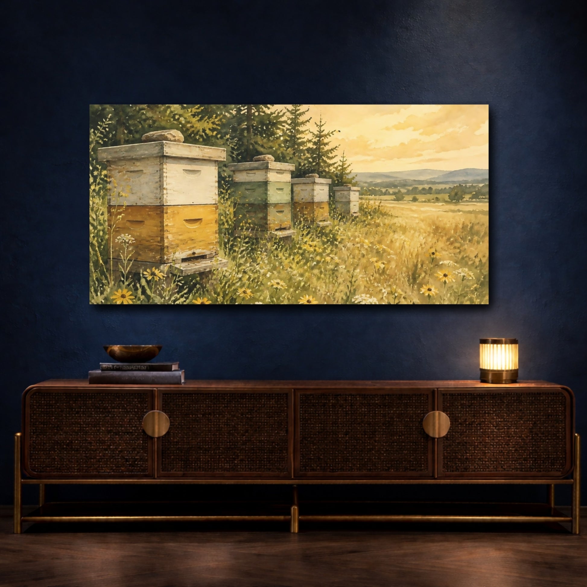 Mockup 4. Weathered Beehives At Sunset shown as canvas print
