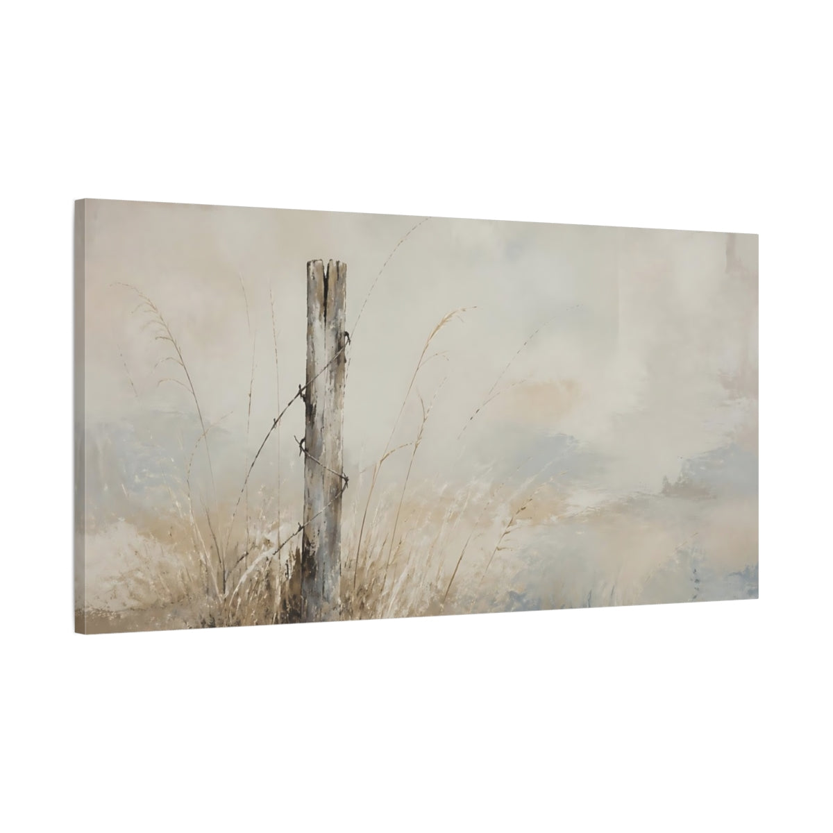 Main Mockup. Weathered Fence Post In Pale Grasses shown as canvas print