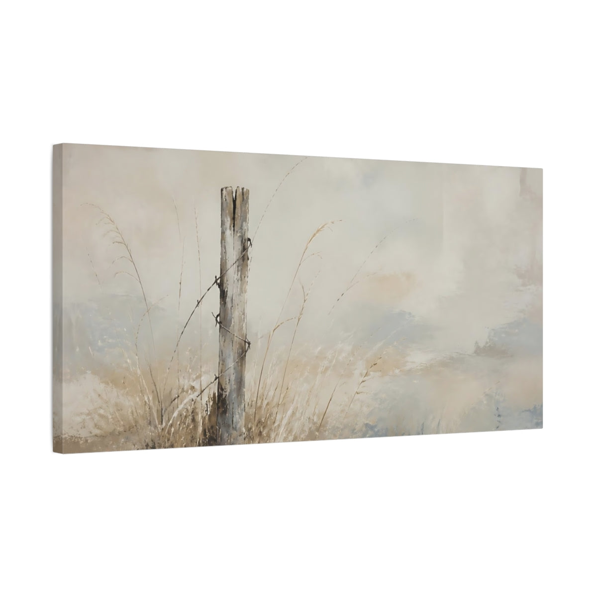Side Mockup 1. Weathered Fence Post In Pale Grasses shown as canvas print