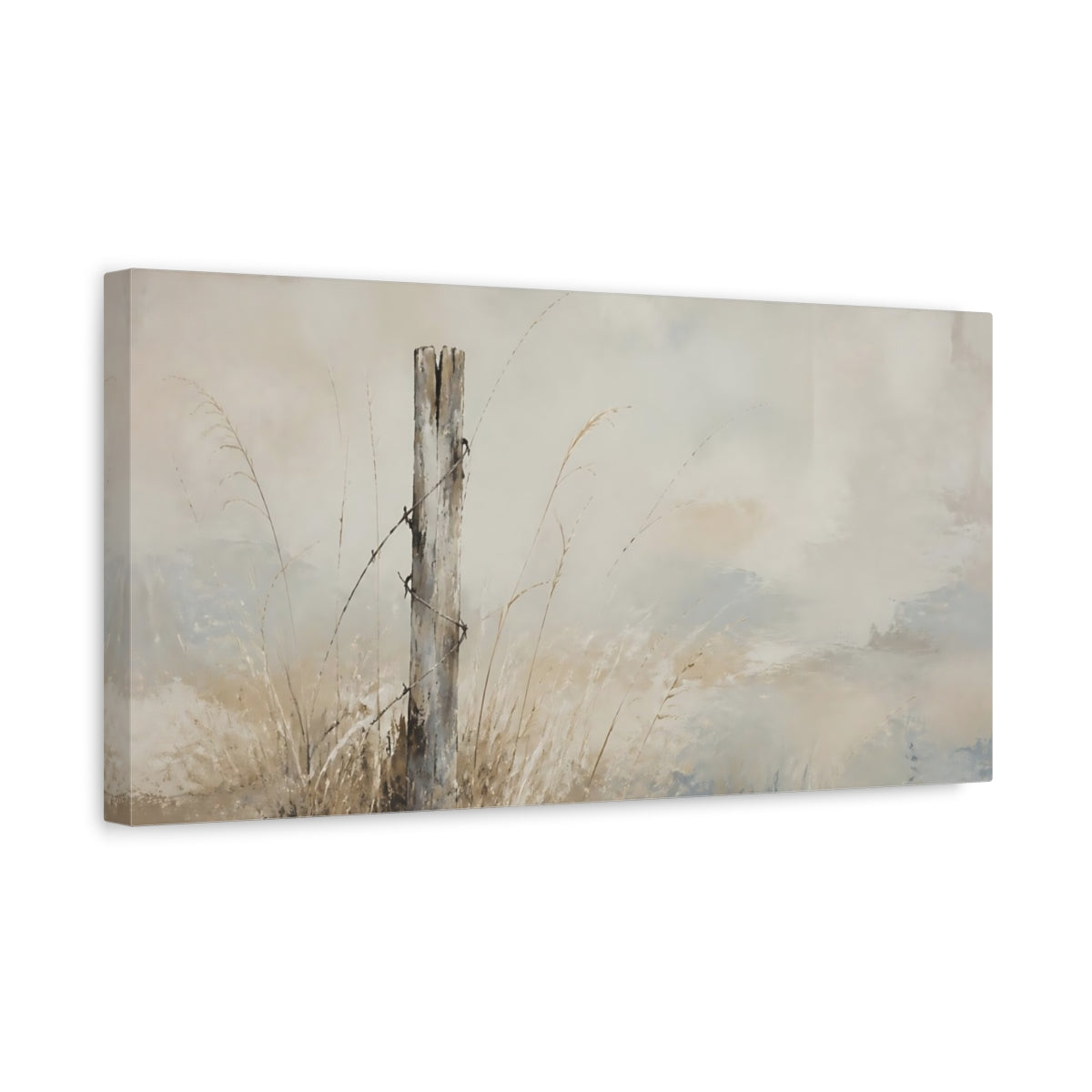 Side Mockup 3. Weathered Fence Post In Pale Grasses shown as canvas print