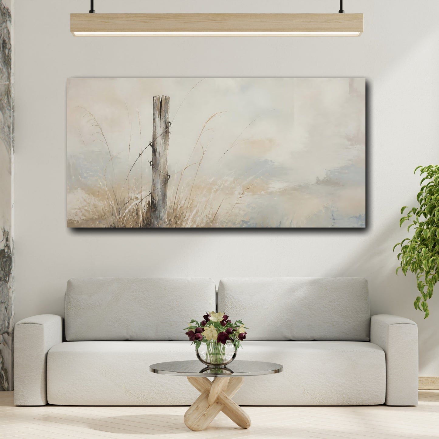 Mockup 2. Weathered Fence Post In Pale Grasses shown as canvas print