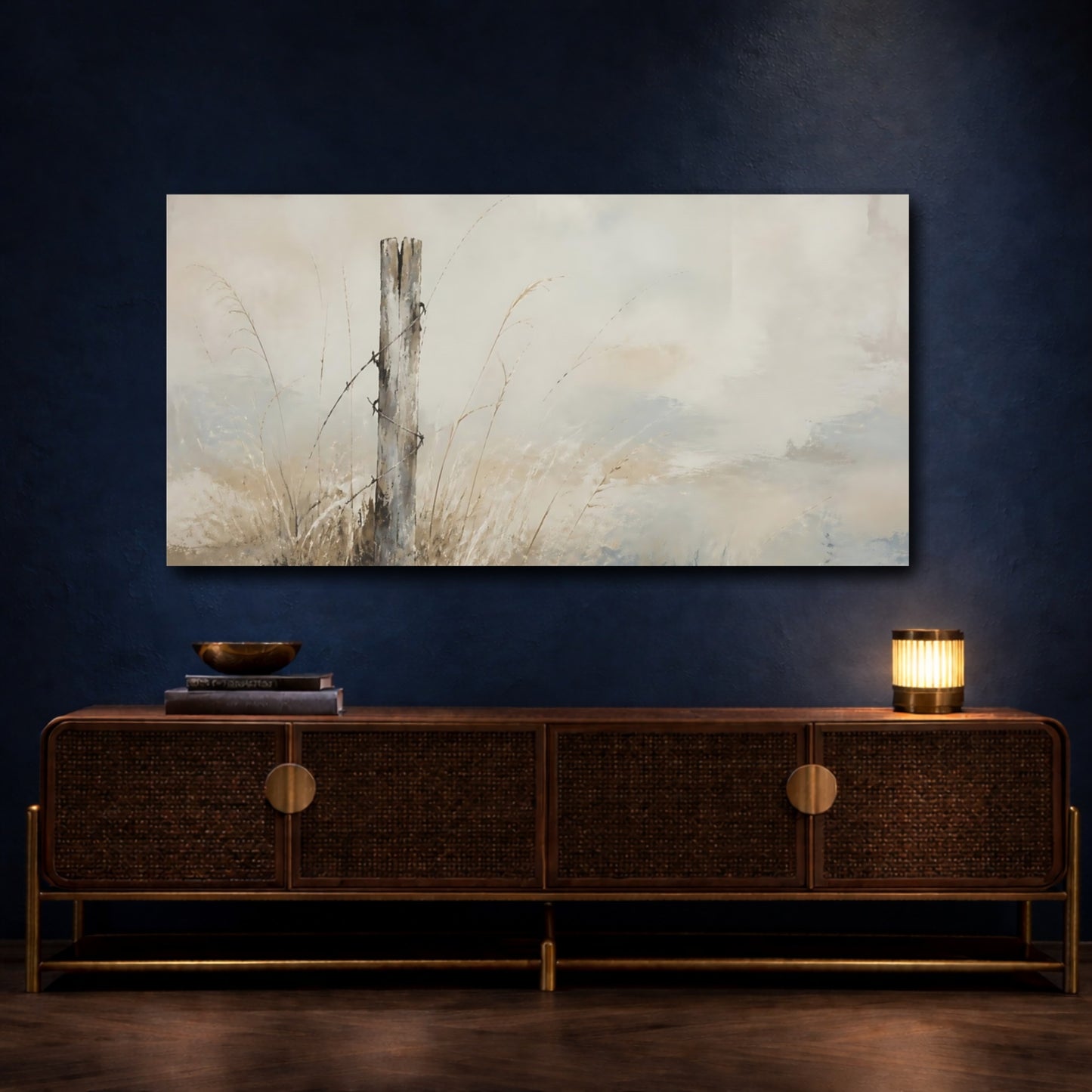 Mockup 4. Weathered Fence Post In Pale Grasses shown as canvas print