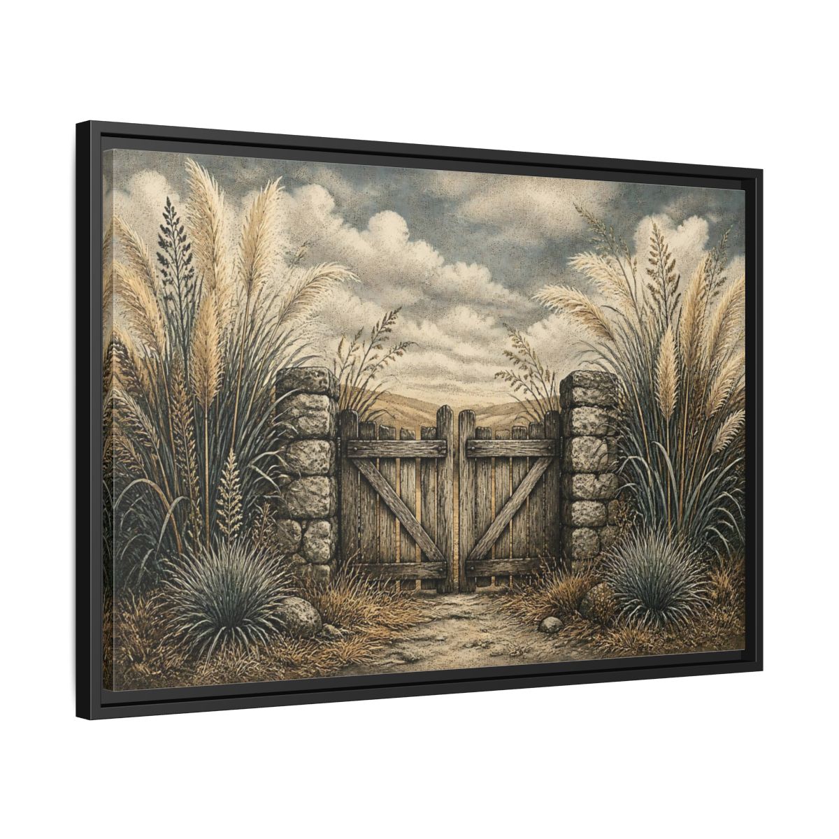 Side Mockup 14. Weathered Gate In Grasses shown as framed canvas print