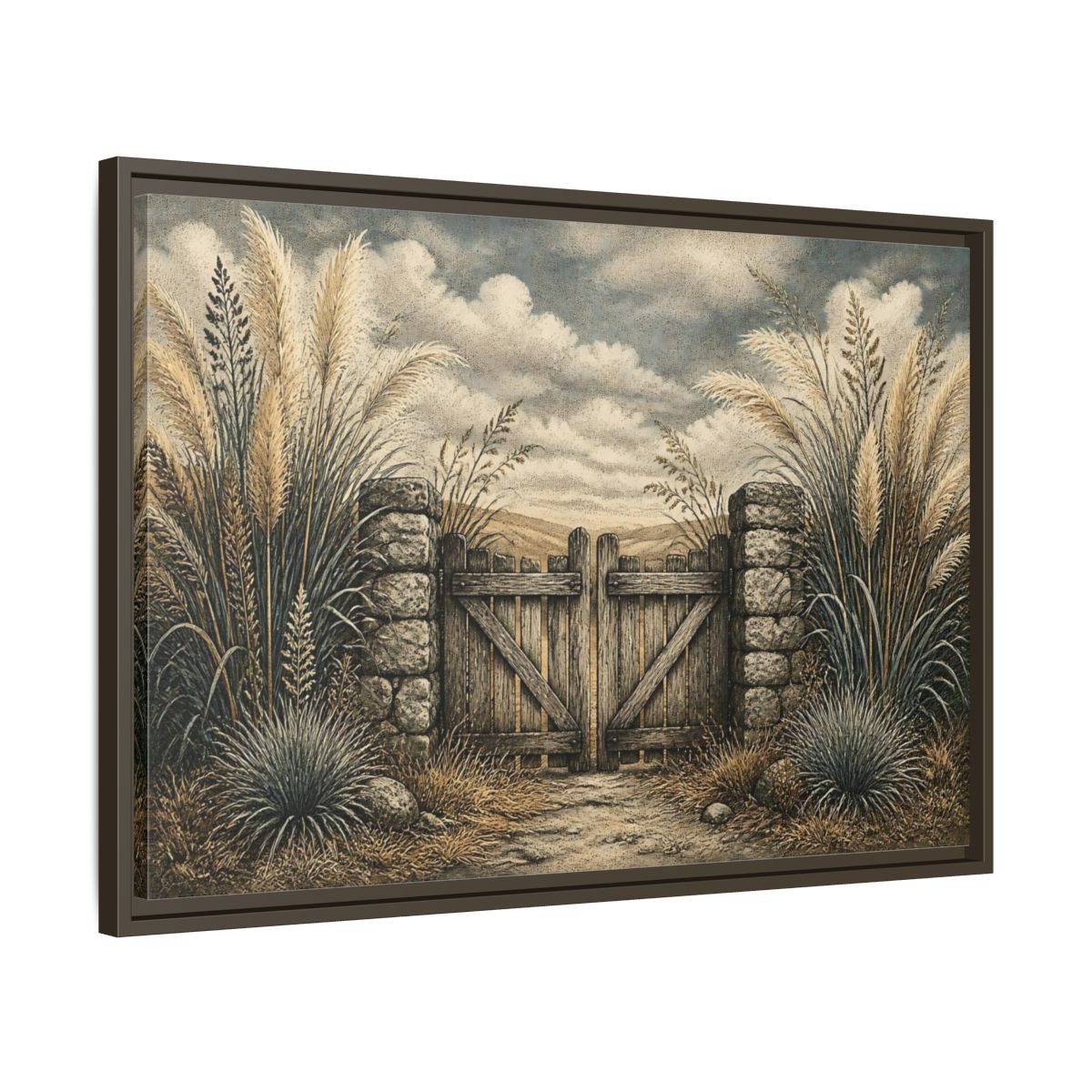 Side Mockup 11. Weathered Gate In Grasses shown as framed canvas print