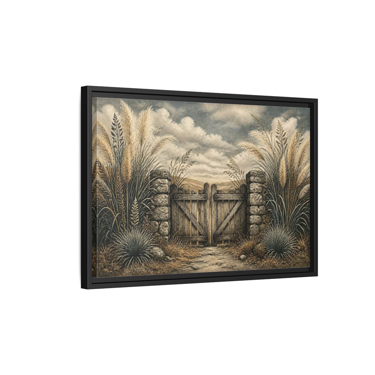 Side Mockup 3. Weathered Gate In Grasses shown as framed canvas print
