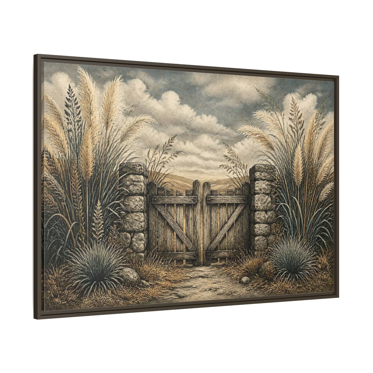 Side Mockup 8. Weathered Gate In Grasses shown as framed canvas print